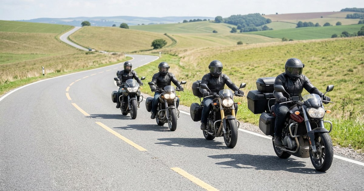 Four touring motorcyclists riding in formation on a winding country road