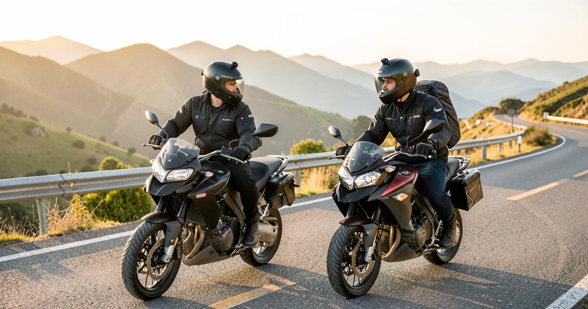Two touring motorcyclists wearing helmets with intercom units on a scenic mountain road