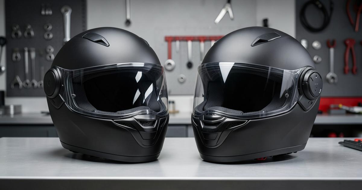 Two black motorcycle helmets with distinct intercom units for the Cardo PACKTALK EDGE versus Sena 60S comparison