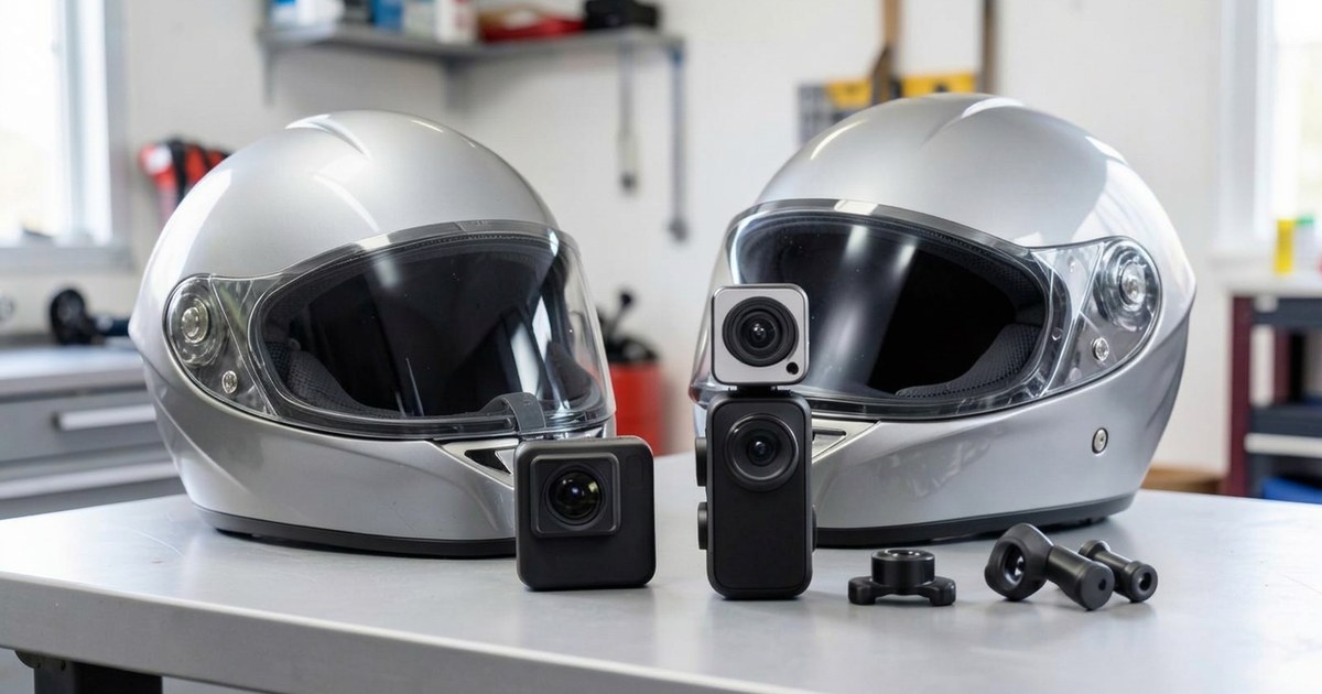 A conventional action camera and a dual-lens 360 camera beside motorcycle helmets