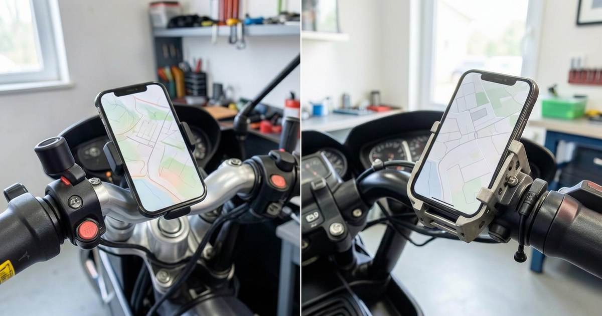 Two distinct premium motorcycle phone mount concepts shown side by side on handlebars